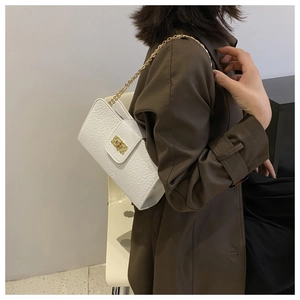 Détail du sac blanc à motif litchi avec bandoulière en chaîne dorée élégante