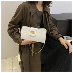 Vue détaillée du petit sac blanc grainé avec fermoir doré et bandoulière chaîne