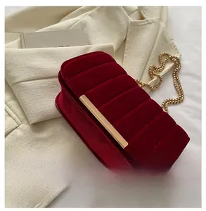 Detail of burgundy velvet crossbody bag featuring gold chain strap and metal trim