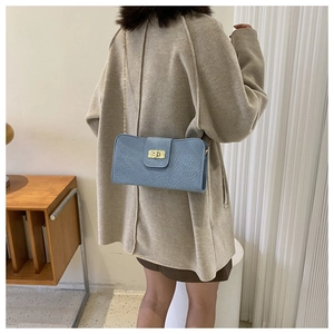 Détail du sac à bandoulière bleu brume à motif litchi avec chaîne dorée sur le modèle