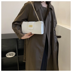 Détail du sac blanc à motif litchi avec chaîne dorée et boucle métallique