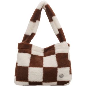 Sac fourre-tout en peluche à damier marron et blanc avec fausse fourrure douce
