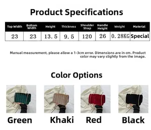 Detailed size chart and dimensions for the velvet quilted chain crossbody shoulder bag