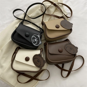 Women PU Leather Crossbody Bag Small Square Shoulder Bag Flap Round Button Cute Bear Charm Korean Style Simple