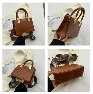 Borsa a mano in PU marrone con manico intrecciato e tracolla colorata stile etnico
