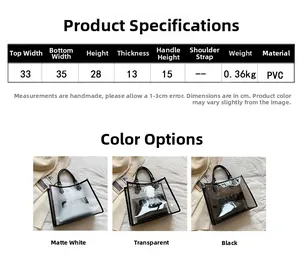 Detailed dimensions of transparent PVC tote bag with size specs and color options