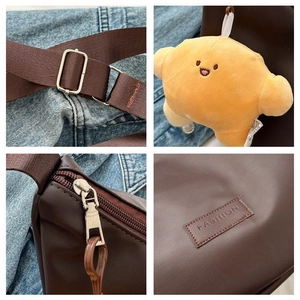 Detailed views of brown PU leather bag featuring orange star charm and adjustable strap