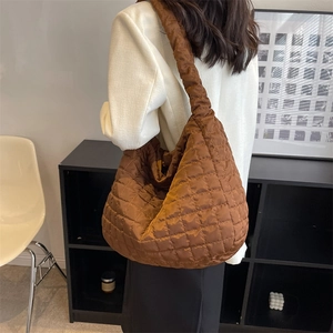 Quilted large capacity hobo shoulder bag for women in dark brown nylon fabric