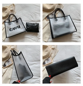 Detail showing transparent frosted PVC tote bag with black leather base and inner pouch