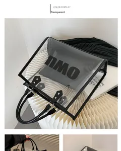 Detail of transparent PVC tote bag with black inner pouch and minimalist nmo lettering