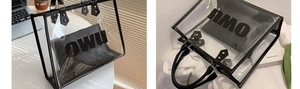 Detail of transparent PVC tote bag with black PU trim and removable inner pouch