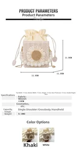 Detail view of woven square bag with sunflower, pearl handle, and sizing parameters