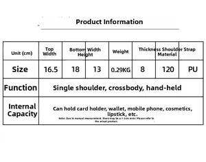 Detailed size chart and specifications for the PU leather crossbody handbag with dimensions