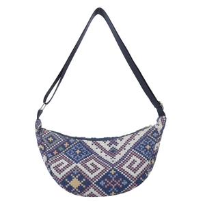 Ethnic jacquard crossbody bag with geometric patterns and adjustable navy strap