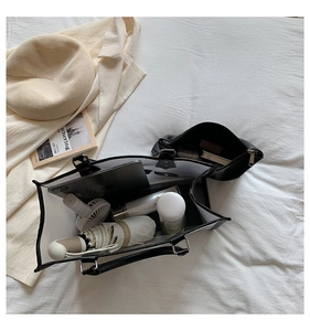Macro view of clear PVC tote with black inner pouch showing high capacity storage