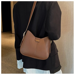 Fashionable dark brown shoulder bucket bag with stylish wide strap for commute style