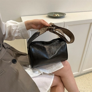 Retro Zylindrische Umhängetasche PU Leder Breiter Jacquard Gurt Vintage Schultertasche Weich Mode Accessoire Casual Travel Damen