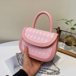 Pink quilted saddle bag with silver chain strap and top handle for women