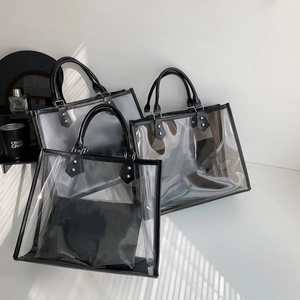 Transparent PVC Tote Bag Women Large Capacity Frosted Waterproof Handbag With Inner Pouch Letter Print Modern Rivet Detail