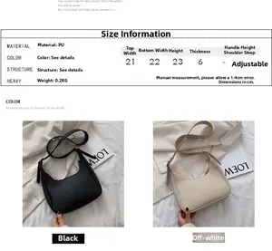 Detailed size chart for vintage crescent shoulder bag showing PU leather dimensions