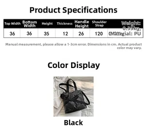Size guide for large black quilted PU puffer tote bag with measurements and specifications