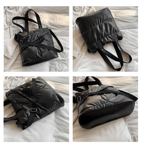 Detailed four-grid view showing the quilted texture and seams of a black puffer tote bag