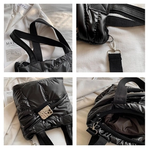Detail view of black quilted tote bag with silver buckle and spacious inner lining