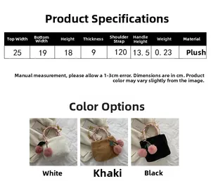 Detail view of plush bucket bag showing pink cherry pom-pom and dimensions chart