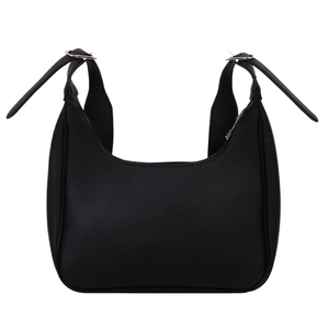 Minimalist black crescent dumpling bag with U-shaped cutout and golden buckles
