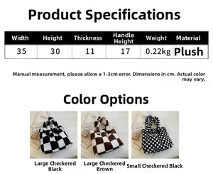 Size specifications for plush checkerboard tote bag with dimensions and material detail