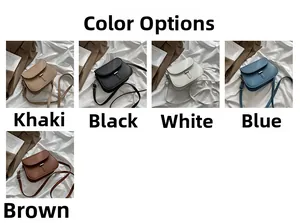 Detail view of small faux leather saddle crossbody bags in five stylish assorted colors