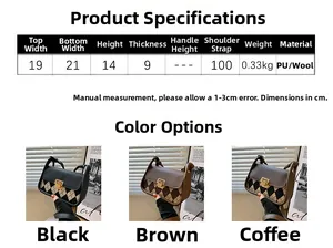 Detailed size chart and multi-color retro plaid saddle bags in black, brown, and coffee