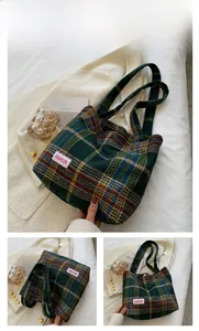 Detail of green plaid tweed tote bag showing texture and white Fashion logo patch