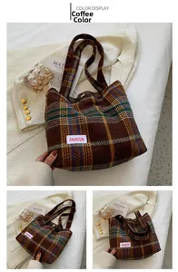 Detail of coffee plaid wool tote bag with fashion patch and thick texture