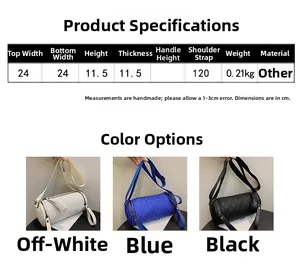Quilted nylon bucket bag size chart and detailed dimensions for cross-body handbag