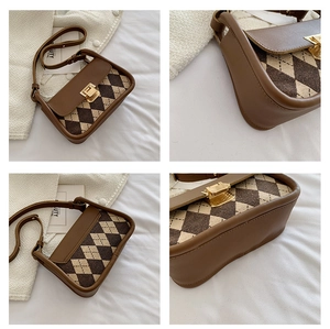 Detail view showing brown checkered saddle bag from four angles with golden buckle
