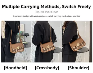 Three-way carry demonstration of retro plaid saddle bag with adjustable brown leather strap