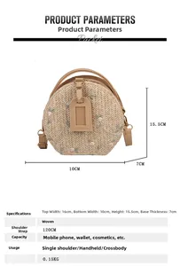 Detailed dimensions of beige straw circle bag with floral embroidery and adjustable strap
