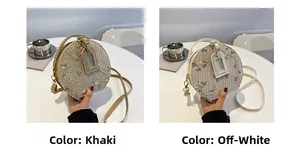 Detail of round straw woven crossbody bags with floral embroidery in khaki and cream