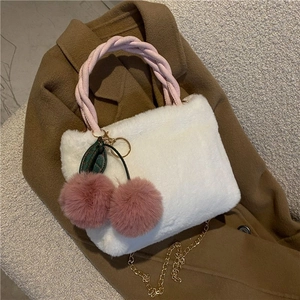 Women Plush Handbag Faux Fur Crossbody Bag With Cherry Pendant Pink Woven Handle Gold Chain Strap Fashion Bag
