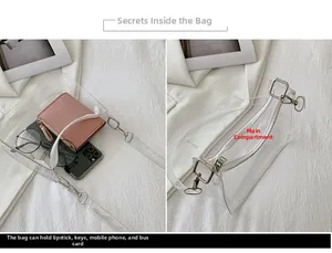 Detailed interior of a clear PVC shoulder bag showing phone, wallet and eyewear storage
