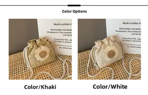 Detail of straw drawstring bucket bags featuring white daisy appliques and woven straps