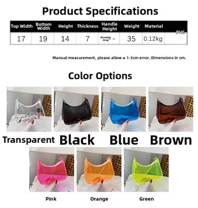 Detailed size chart for clear PVC mini shoulder bags with dimensions and colors