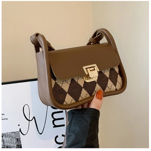 Detailed close-up of brown Argyle patterned crossbody bag with gold metal buckle