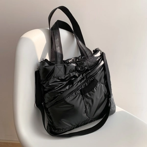 Quilted Padded Shoulder Bag Black Large Capacity Nylon Down Tote Handbag Fashion Casual Travel For Women