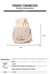 Détails du sac seau en paille avec broderie florale et dimensions de l'anse en perles