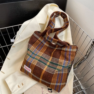 Retro Plaid Tote Bag Woolen Tweed Large Capacity Shoulder Bag Fashion Label For Women Daily Casual Handbag
