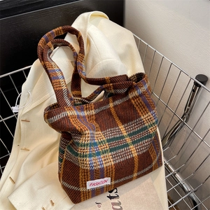 Retro plaid tote bag in dark coffee with colorful stripes and fashion woven label