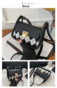Detail of vintage plaid saddle bag with black faux leather and golden square metal buckle