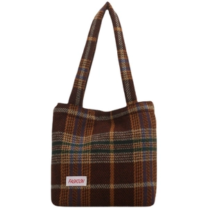 Classic plaid wool tote bag with brown and blue patterns and a fashion label decoration